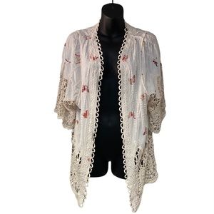 London Kaye Butterfly Print Crochet Sleeve Embroidered Boho Kimono